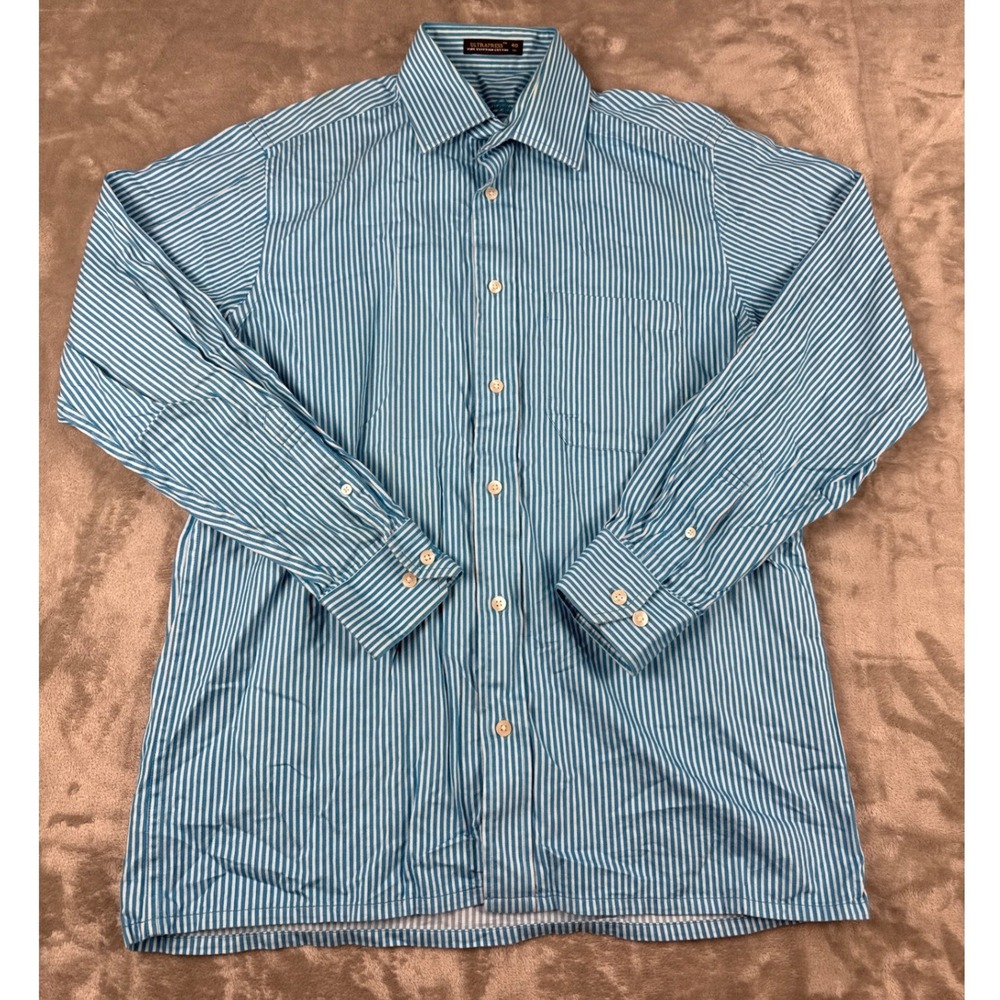 Louis Philippe Ultrapress Blue White Striped Egyptian Cotton Shirt Mens 40 CM